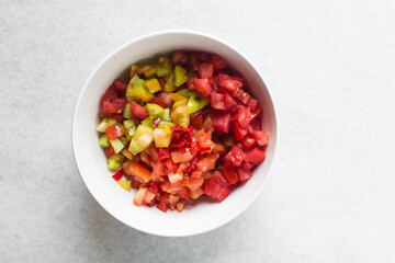 Overhead view of diced tomatoes, top view of chopped tomatoes