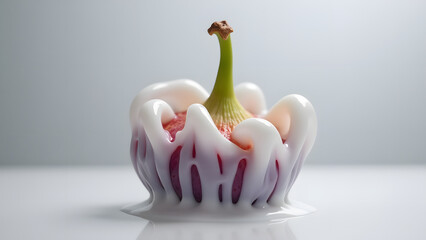 Fig latex forms spiral sculptures. Gray backdrop contrasts white sap with purple flesh as viscosity creates temporary forms.