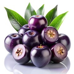 Obraz premium A hyper-realistic, high-resolution image of fresh acai berries, deep purple and glossy, with some whole berries clustered together and others cut open to reveal the dark purple pulp, isolated on a pur