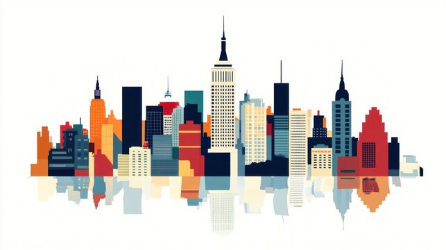 NYC skyline reflection, urban cityscape, travel poster