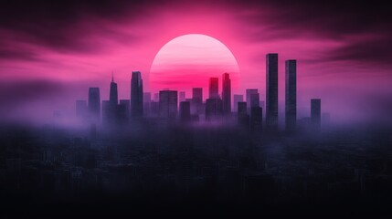 Fototapeta premium Synthwave Cityscape: A Futuristic Pink Sunset Over a Mysterious Metropolis