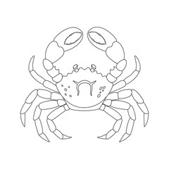 A detailed black and white drawing of a crab on a white background