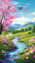 Serene Spring Meadow with Blossoming Cherry Trees, Butterflies, and Babbling Brook - Vibrant Nature Illustration