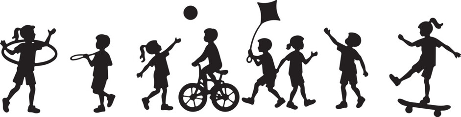 kids playing silhouette, children silhouette, outdoor activity clipart, playground SVG, kids sports vector, children riding bike, jumping rope clipart, kite flying silhouette, playing ball SVG, skateb