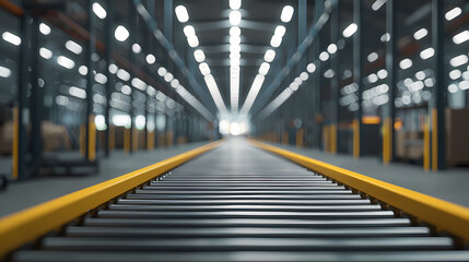 Obraz premium A modern warehouse interior featuring a long conveyor belt leading towards bright lights in the distance, emphasizing industrial efficiency and organization.