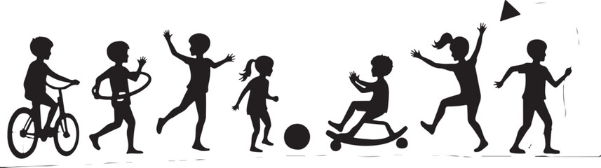 kids playing silhouette, children silhouette, outdoor activity clipart, playground SVG, kids sports vector, children riding bike, jumping rope clipart, kite flying silhouette, playing ball SVG, skateb