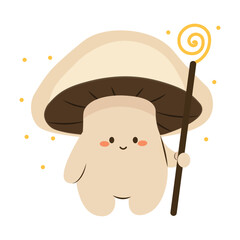 Flat style illustration of a cute champignon mushroom holding a magic staff, perfect for fantasy design, childrens books, nature-themed projects, and whimsical storytelling.
