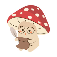 Flat style illustration of a cute fly agaric mushroom character with glasses writing on a scroll, ideal for fantasy stories, magical forest themes, and educational childrens projects.