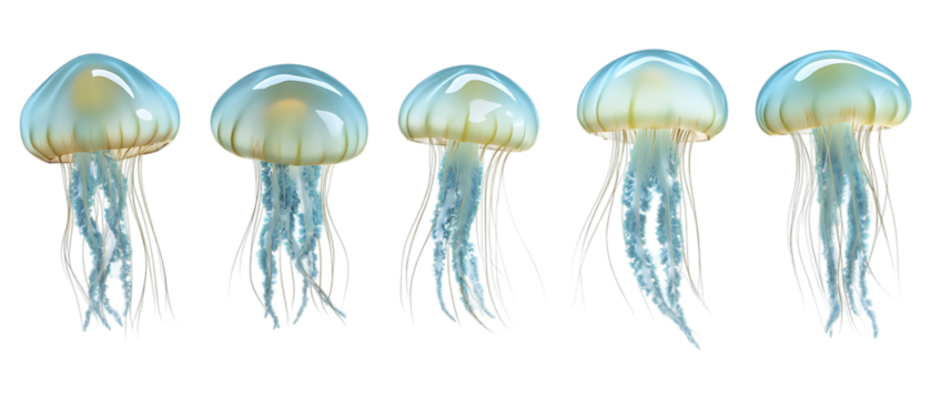 Pack of 3D Jellyfish set Against Transparent Background for Marine Design, Educational Projects, or Ocean-Themed Artwork