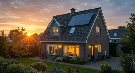 Home at Sunset with Solar Panels