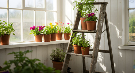 Fototapeta premium Rustic Ladder Used As A Plant Display In A Bright Greenhouse Interior