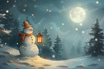 Obraz premium A snowman holding a lantern, standing at the edge of a snowy forest illuminated by a full moon.