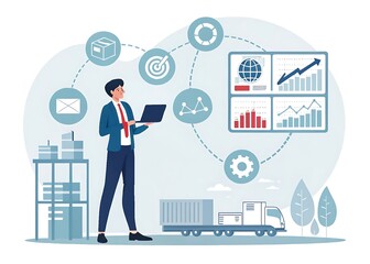Fototapeta premium Business professional in a modern workplace with data analysis, laptop, digital icons, charts, and logistics elements, set in an industrial environment, featuring global connectivity and efficiency 