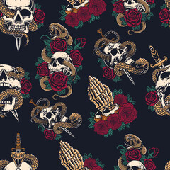 Vintage Seamless Pattern Skull, Snake, Dagger, and Rose flower with Dark Background