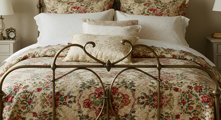 Elegant Bedroom Setting With Wrought Iron Bed And Floral Quilted Bedding