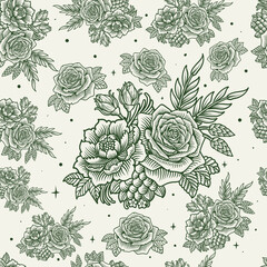 Vintage Seamless Pattern of Roses and Peonies with Green colors on white Background
