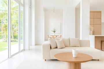 Modern tropical open concept living room with natural wood elements and white sofa. Minimalist interior design with rattan accents. Luxury boho villa.