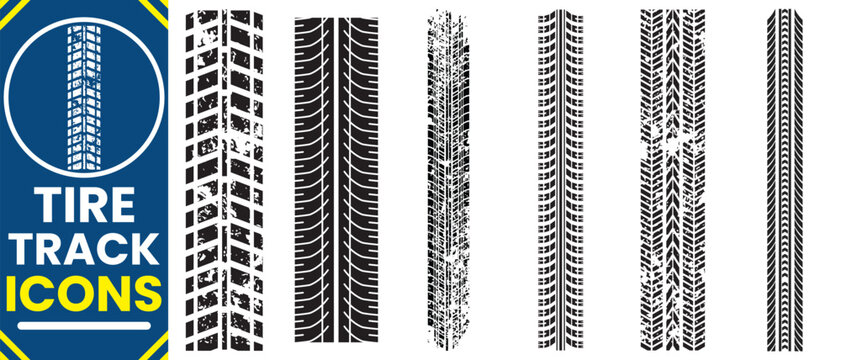 Car tire tracks vector, icon design. Tire tracks, rubber wheels, and braking marks. Truck, car, or motorcycle tread pattern silhouettes. Perfect for auto racing, motorsport, and speed-related designs.
