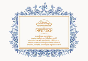 Vintage Floral Botanical Invitation Card with Flower Garden and Butterflies - Vector Design