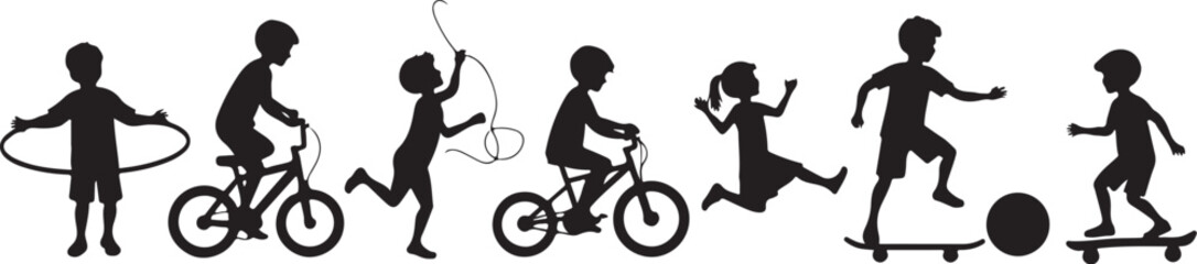 kids playing silhouette, children silhouette, outdoor activity clipart, playground SVG, kids sports vector, children riding bike, jumping rope clipart, kite flying silhouette, playing ball SVG, skateb