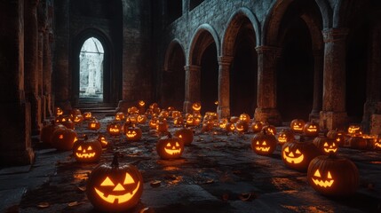 Glowing jack o lanterns illuminate ancient monastery ruins halloween atmosphere spooky environment