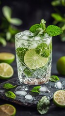 Fototapeta premium A mojito cocktail in a crystal glass, showcasing vibrant layers of muddled lime and mint beneath crushed ice, with soda bubbles rising to the surface.