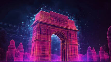 Virtual Gateway: A luminous, digital rendering of India Gate monument at night