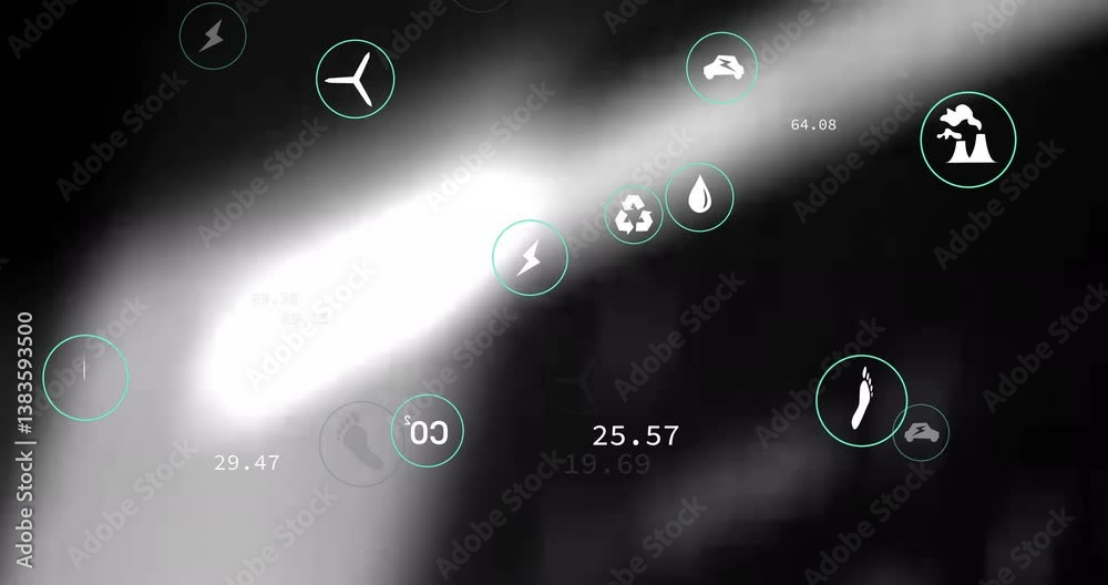 Poster abstract animation with various icons and numerical data over blurred background