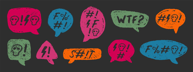 Crayon Speech Bubbles with Abstract Swear Words Vector Set. Chalk Scribble Talking Clouds Collection. Hand Drawn Rude Curse Angry Expressions. Pencil Emphasis Elements Charcoal Doodle Talk Balloons