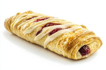 Flaky pastry with a raspberry and white chocolate fillinbg isolated on a white background