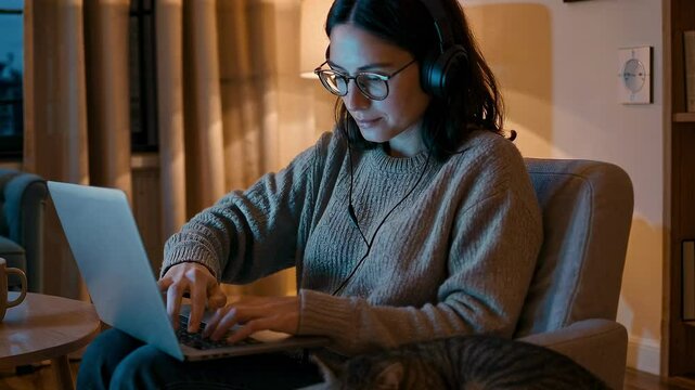 Jeune femme en pull tricot&eacute; travaillant sur ordinateur portable chez elle en soir&eacute;e, casque sur les oreilles, tasse de caf&eacute; &agrave; c&ocirc;t&eacute; et chat endormi sur le fauteuil