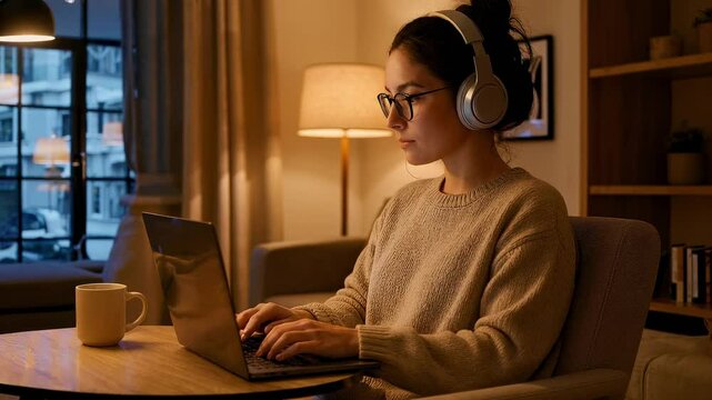 Jeune femme concentr&eacute;e travaillant sur son ordinateur portable dans un salon chaleureux en soir&eacute;e, casque audio sur les oreilles, tasse de caf&eacute; et chat roux dormant sur le canap&eacute;