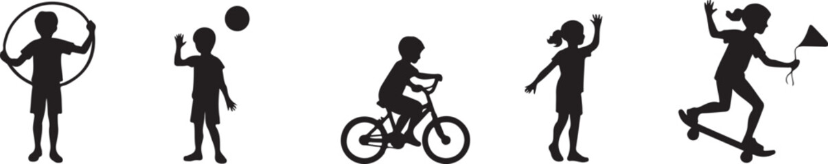 Obraz premium kids playing silhouette, children silhouette, outdoor activity clipart, playground SVG, kids sports vector, children riding bike, jumping rope clipart, kite flying silhouette, playing ball SVG, skateb