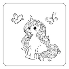 Cute unicorn pony with butterflies. Childish coloring book with animal. Simple vector sketch illustration.