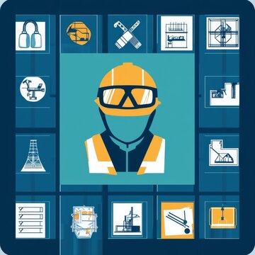 Vector graphic of a worker with safety gear and tools.