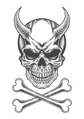 Angry demon skull with horror devil style 23 - BW