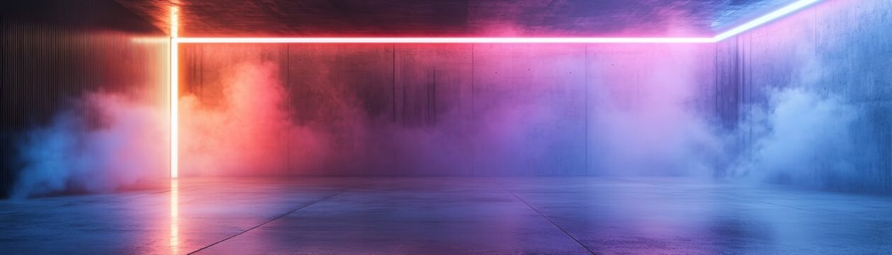 Vibrant neon lights illuminate a foggy, futuristic environment.