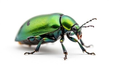 Naklejka premium Green beetle isolated on white studio backdrop, scarab, bug