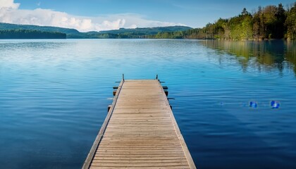 Fototapeta premium Dockside Serenity: A wooden dock stretches out into a tranquil lake, reflecting the serene landscape of a clear day.