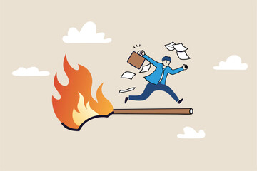 Toxic productivity, panic or burnout employee, overworked to finish work within timeline, hurry to complete multitasking or urgent work schedule concept, productive businessman on burning matchstick.