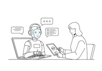 A woman consults with an AI robot through a laptop and tablet, symbolizing tech support.