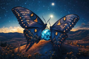Two majestic cosmic butterflies gently hold a glowing orb under a starry night sky, mountains in the background.
