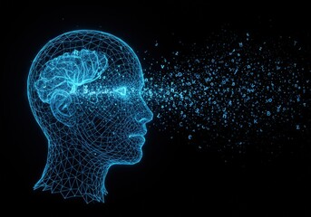 Obraz premium A vibrant, digital illustration of a human head with a glowing brain and data stream.