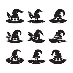  Collection of Nine Silhouette Witch Hats with Feathers and Buckles – Black Halloween Wizard Hat Icons in Various Styles Isolated on White Background