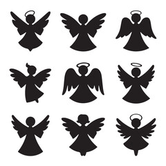  Silhouette of Three Angels with Wings and Halos, One Playing Violin, One with Star Wand, and One Praying – Religious Christmas Symbol in Black on White Background