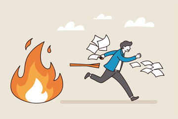 Toxic productivity, panic or burnout employee, overworked to finish work within timeline, hurry to complete multitasking or urgent work schedule concept, productive businessman on burning matchstick.