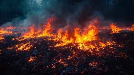Forest fire engulfing landscape at night