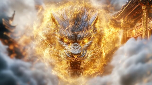A fiery lion illustration, symbolizing strength and power in a mystical setting.