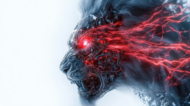 A futuristic lion with glowing red eyes and robotic features.