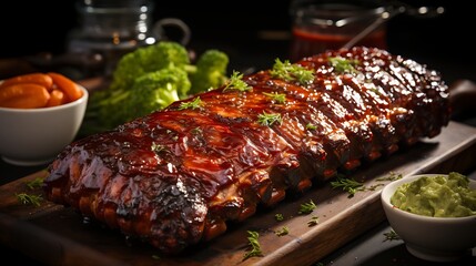 A mouthwatering rack of barbecued ribs glistening with a rich, glossy glaze, alongside vibrant side dishes. This image captures the essence of a culinary feast.